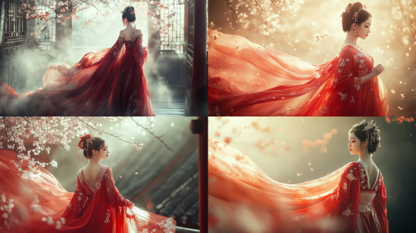 国风，流光溢彩，画质清晰，华美端庄的古代美少女，全身写实视角，场景宏大，高清壁纸，全身视角