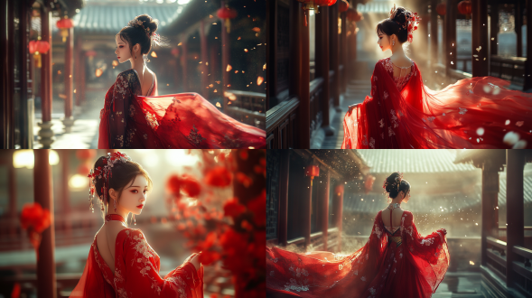 国风，流光溢彩，画质清晰，华美端庄的古代美少女，全身写实视角，场景宏大，高清壁纸，全身视角