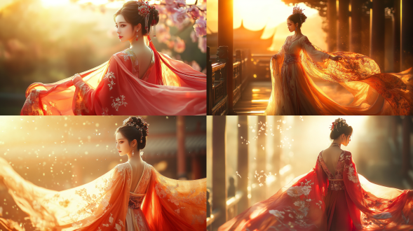 国风，流光溢彩，画质清晰，华美端庄的古代美少女，全身写实视角，场景宏大，高清壁纸，全身视角