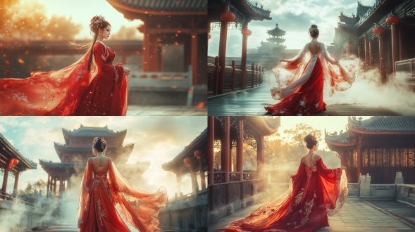 国风，流光溢彩，画质清晰，华美端庄的古代美少女，全身写实视角，场景宏大，高清壁纸，全身视角