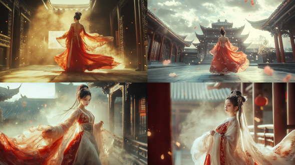 国风，流光溢彩，画质清晰，华美端庄的古代美少女，全身写实视角，场景宏大，高清壁纸，全身视角