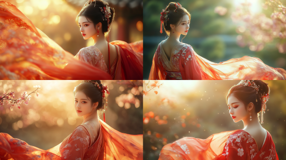 国风，流光溢彩，画质清晰，华美端庄的古代美少女，全身写实视角，场景宏大，高清壁纸，全身视角