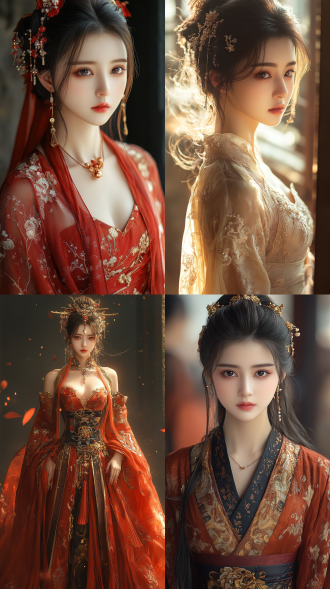 国风，流光溢彩，画质清晰，华美端庄的古代美少女，全身写实视角，场景宏大，高清壁纸，全身视角