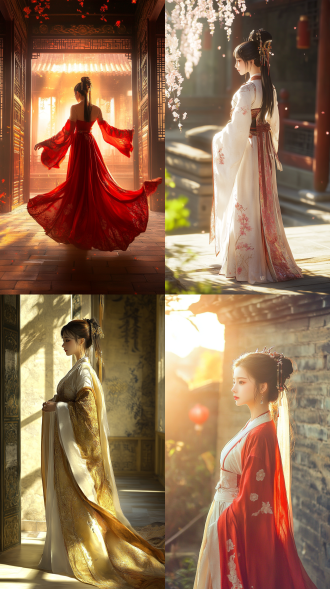 国风，流光溢彩，画质清晰，华美端庄的古代美少女，全身写实视角，场景宏大，高清壁纸，全身视角