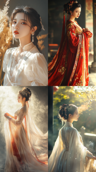 国风，流光溢彩，画质清晰，华美端庄的古代美少女，全身写实视角，场景宏大，高清壁纸，全身视角