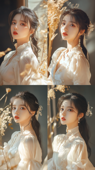 国风，流光溢彩，画质清晰，华美端庄的古代美少女，全身写实视角，场景宏大，高清壁纸，全身视角