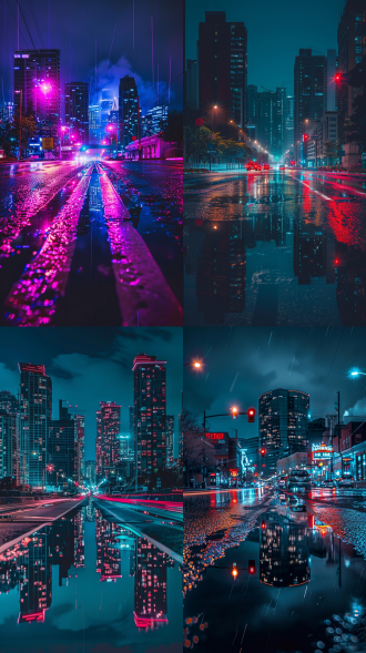 户外、天空、非人、夜晚、地面车辆、建筑、夜空、风景、反射、科幻、城市、标志、道路、城市景观、桥梁、摩天大楼、城市灯光、霓虹灯