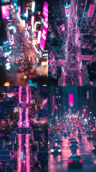 未来城市建筑，热闹的街道远景，赛博朋克，背景柔和，粉色霓虹灯，灯光，交通灯，城市灯，霓虹灯，电影灯，自然光，夜晚，元宇宙，发光的招牌，仰视视角，