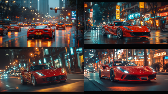 夜晚10点，漆黑的夜晚，红色法拉利行驶在深圳街道，城市道路，红绿灯，车流，人行道，暖色调，索尼高性能相机，广角镜头，侧光，快速快门，干净画面，无噪点，8k，细节丰富，杰作。