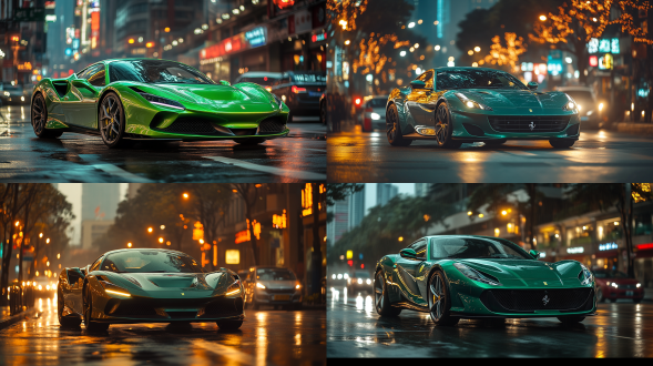 夜晚10点，漆黑的夜晚，绿色法拉利行驶在深圳街道，城市道路，红绿灯，车流，人行道，暖色调，索尼高性能相机，广角镜头，侧光，快速快门，干净画面，无噪点，8k，细节丰富，杰作。