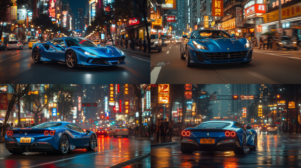 夜晚10点，漆黑的夜晚，蓝色法拉利行驶在深圳街道，城市道路，红绿灯，车流，人行道，暖色调，索尼高性能相机，广角镜头，侧光，快速快门，干净画面，无噪点，8k，细节丰富，杰作。