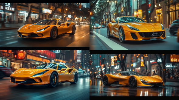 夜晚10点，漆黑的夜晚，金色法拉利飞驰行驶在深圳街道，城市道路，红绿灯，车流，人行道，暖色调，索尼高性能相机，广角镜头，侧光，快速快门，干净画面，无噪点，8k，细节丰富，杰作。