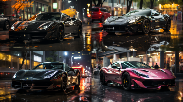 夜晚10点，漆黑的夜晚，白色法拉利行驶在深圳街道，城市道路，红绿灯，车流，人行道，暖色调，索尼高性能相机，广角镜头，侧光，快速快门，干净画面，无噪点，8k，细节丰富，杰作。