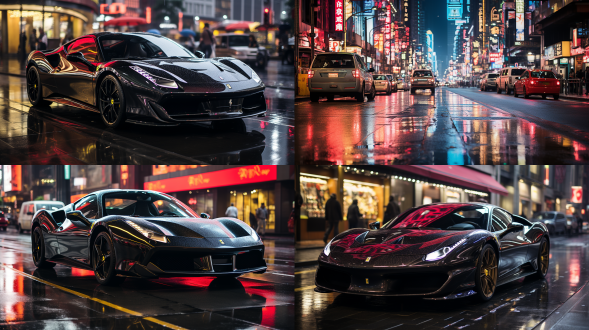 夜晚10点，漆黑的夜晚，玫红色法拉利行驶在深圳街道，城市道路，红绿灯，车流，人行道，暖色调，索尼高性能相机，广角镜头，侧光，快速快门，干净画面，无噪点，8k，细节丰富，杰作。