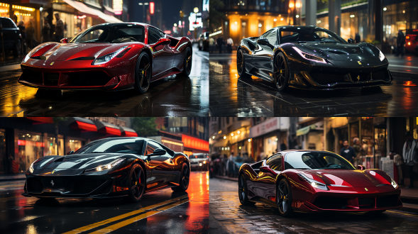 夜晚10点，漆黑的夜晚，翠绿色法拉利行驶在深圳街道，城市道路，红绿灯，车流，人行道，暖色调，索尼高性能相机，广角镜头，侧光，快速快门，干净画面，无噪点，8k，细节丰富，杰作。