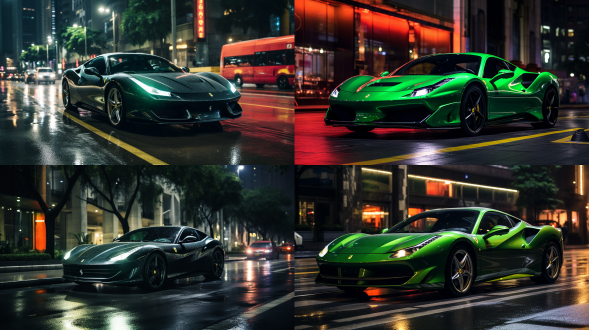 夜晚10点，漆黑的夜晚，翠绿色法拉利行驶在深圳街道，城市道路，红绿灯，车流，人行道，暖色调，索尼高性能相机，广角镜头，侧光，快速快门，干净画面，无噪点，8k，细节丰富，杰作。