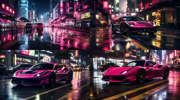 夜晚10点，漆黑的夜晚，玫红色法拉利行驶在深圳街道，城市道路，红绿灯，车流，人行道，暖色调，索尼高性能相机，广角镜头，侧光，快速快门，干净画面，无噪点，8k，细节丰富，杰作。