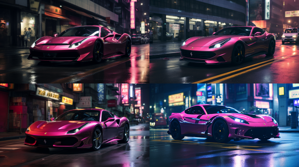 夜晚10点，漆黑的夜晚，玫红色法拉利行驶在深圳街道，城市道路，红绿灯，车流，人行道，暖色调，索尼高性能相机，广角镜头，侧光，快速快门，干净画面，无噪点，8k，细节丰富，杰作。