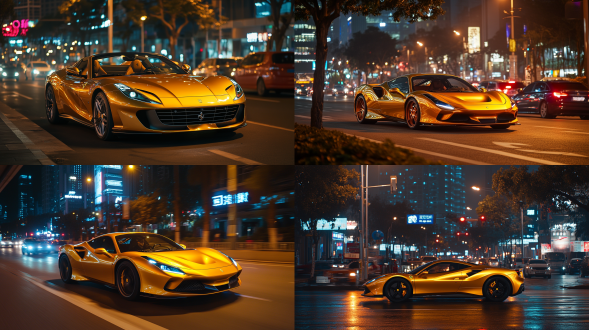 夜晚10点，漆黑的夜晚，金色法拉利飞驰行驶在深圳街道，城市道路，红绿灯，车流，人行道，暖色调，索尼高性能相机，广角镜头，侧光，快速快门，干净画面，无噪点，8k，细节丰富，杰作。