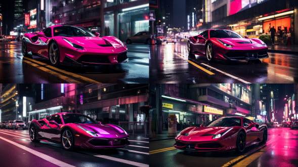 夜晚10点，漆黑的夜晚，玫红色法拉利行驶在深圳街道，城市道路，红绿灯，车流，人行道，暖色调，索尼高性能相机，广角镜头，侧光，快速快门，干净画面，无噪点，8k，细节丰富，杰作。