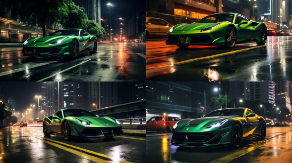 夜晚10点，漆黑的夜晚，翠绿色法拉利行驶在深圳街道，城市道路，红绿灯，车流，人行道，暖色调，索尼高性能相机，广角镜头，侧光，快速快门，干净画面，无噪点，8k，细节丰富，杰作。