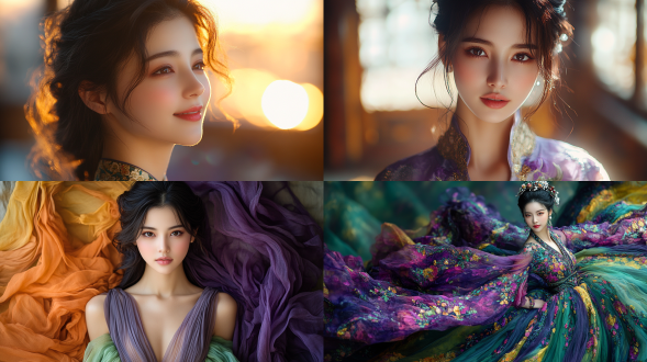 女人华丽细节高清丝滑，优雅姿态，全身照，细腻肌肤，长裙拖地，精致妆容，柔和自然光，广角镜头，浅景深，走秀环境，暖色调，微笑，自信，高贵。 中式服装 旗袍 七分身 w杂志 紫黄 绿紫