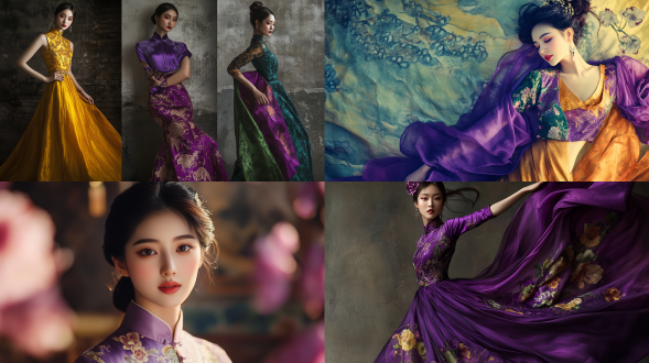 女人华丽细节高清丝滑，优雅姿态，全身照，细腻肌肤，长裙拖地，精致妆容，柔和自然光，广角镜头，浅景深，走秀环境，暖色调，微笑，自信，高贵。 中式服装 旗袍 七分身 w杂志 紫黄 绿紫