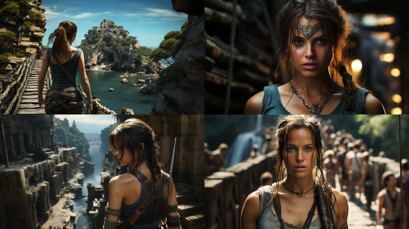 photorealistic image of lara croft (tomb raider), beautiful woman, long dark hair, loose ponytail, sweaty, earrings, necklaces, dirty aqua blue crop top, , short denim shorts, boots, backpack, holsters on thigh straps, pierced navel, no tattoos, walking carefully across a rickety rope bridge which bridges a chasm between two cliffs with a raging river below, in a humid, steamy tropical jungle, face in sharp focus, detailed face, detailed eyes, perfect hands, high detail, perfect composition, dramatic dim lighting, high contrast, viewed from the side