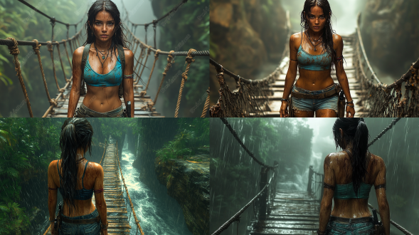 photorealistic image of lara croft (tomb raider), beautiful woman, long dark hair, loose ponytail, sweaty, earrings, necklaces, dirty aqua blue crop top, , short denim shorts, boots, backpack, holsters on thigh straps, pierced navel, no tattoos, walking carefully across a rickety rope bridge which bridges a chasm between two cliffs with a raging river below, in a humid, steamy tropical jungle, face in sharp focus, detailed face, detailed eyes, perfect hands, high detail, perfect composition, dramatic dim lighting, high contrast, viewed from the side
