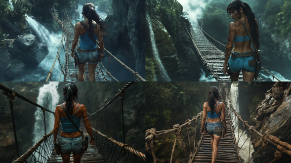 photorealistic image of lara croft (tomb raider), beautiful woman, long dark hair, loose ponytail, sweaty, earrings, necklaces, dirty aqua blue crop top, , short denim shorts, boots, backpack, holsters on thigh straps, pierced navel, no tattoos, walking carefully across a rickety rope bridge which bridges a chasm between two cliffs with a raging river below, in a humid, steamy tropical jungle, face in sharp focus, detailed face, detailed eyes, perfect hands, high detail, perfect composition, dramatic dim lighting, high contrast, viewed from the side