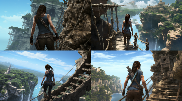 photorealistic image of lara croft (tomb raider), beautiful woman, long dark hair, loose ponytail, sweaty, earrings, necklaces, dirty aqua blue crop top, , short denim shorts, boots, backpack, holsters on thigh straps, pierced navel, no tattoos, walking carefully across a rickety rope bridge which bridges a chasm between two cliffs with a raging river below, in a humid, steamy tropical jungle, face in sharp focus, detailed face, detailed eyes, perfect hands, high detail, perfect composition, dramatic dim lighting, high contrast, viewed from the side