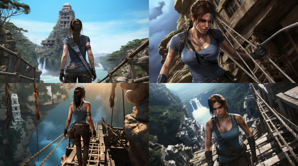 photorealistic image of lara croft (tomb raider), beautiful woman, long dark hair, loose ponytail, sweaty, earrings, necklaces, dirty aqua blue crop top, , short denim shorts, boots, backpack, holsters on thigh straps, pierced navel, no tattoos, walking carefully across a rickety rope bridge which bridges a chasm between two cliffs with a raging river below, in a humid, steamy tropical jungle, face in sharp focus, detailed face, detailed eyes, perfect hands, high detail, perfect composition, dramatic dim lighting, high contrast, viewed from the side