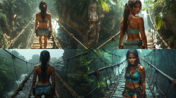 photorealistic image of lara croft (tomb raider), beautiful woman, long dark hair, loose ponytail, sweaty, earrings, necklaces, dirty aqua blue crop top, , short denim shorts, boots, backpack, holsters on thigh straps, pierced navel, no tattoos, walking carefully across a rickety rope bridge which bridges a chasm between two cliffs with a raging river below, in a humid, steamy tropical jungle, face in sharp focus, detailed face, detailed eyes, perfect hands, high detail, perfect composition, dramatic dim lighting, high contrast, viewed from the side