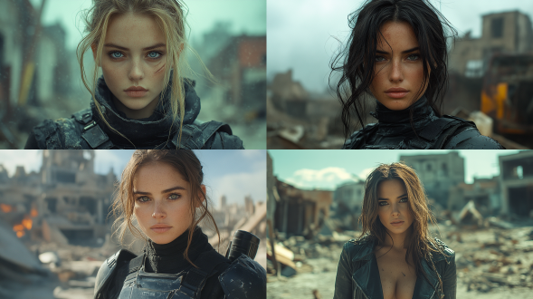 美女身着黑色护甲，冷峻面容，眼神坚定，站在废墟之中，背景是破败的城市天际线，光影交错，强调其坚韧与力量。广角镜头，高对比度，废墟环境，冷色调，侧光，动态模糊，坚定，力量感。