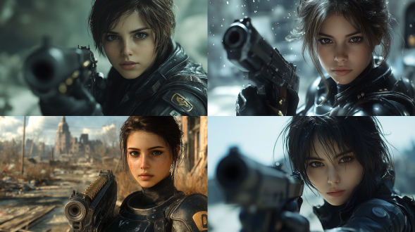 美女身着黑色护甲，冷峻面容，手拿重型机关枪，身上无数子弹和小手枪，网络游戏女战士。眼神坚定，站在废墟之中，背景是破败的城市天际线，光影交错，强调其坚韧与力量。广角镜头，高对比度，废墟环境，冷色调，侧光，动态模糊，坚定，力量感。