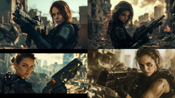 美女身着黑色护甲，冷峻面容，手拿重型机关枪，身上无数子弹和小手枪，网络游戏女战士。眼神坚定，站在废墟之中，背景是破败的城市天际线，光影交错，强调其坚韧与力量。广角镜头，高对比度，废墟环境，冷色调，侧光，动态模糊，坚定，力量感。