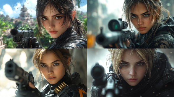 美女身着黑色护甲，冷峻面容，手拿重型机关枪，身上无数子弹和小手枪，网络游戏女战士。眼神坚定，站在废墟之中，背景是破败的城市天际线，光影交错，强调其坚韧与力量。广角镜头，高对比度，废墟环境，冷色调，侧光，动态模糊，坚定，力量感。狙击手吉利伪装服脸涂迷彩拿hk狙击枪瞄准目标，热带丛林背景，硬光正视中景三分线构图，冷色调写实8k。