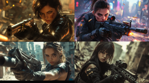 美女身着黑色护甲，冷峻面容，手拿重型机关枪，身上无数子弹和小手枪，网络游戏女战士。眼神坚定，站在废墟之中，背景是破败的城市天际线，光影交错，强调其坚韧与力量。广角镜头，高对比度，废墟环境，冷色调，侧光，动态模糊，坚定，力量感。狙击手吉利伪装服脸涂迷彩拿hk狙击枪瞄准目标，热带丛林背景，硬光正视中景三分线构图，冷色调写实8k。