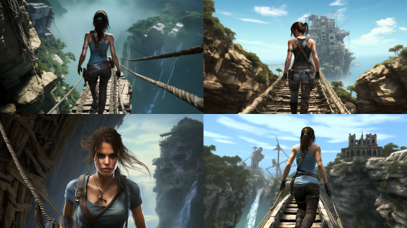 photorealistic image of lara croft (tomb raider), beautiful woman, long dark hair, loose ponytail, sweaty, earrings, necklaces, dirty aqua blue crop top, , short denim shorts, boots, backpack, holsters on thigh straps, pierced navel, no tattoos, walking carefully across a rickety rope bridge which bridges a chasm between two cliffs with a raging river below, in a humid, steamy tropical jungle, face in sharp focus, detailed face, detailed eyes, perfect hands, high detail, perfect composition, dramatic dim lighting, high contrast, viewed from the side