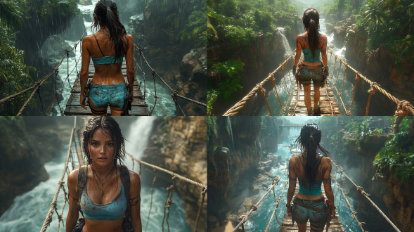 photorealistic image of lara croft (tomb raider), beautiful woman, long dark hair, loose ponytail, sweaty, earrings, necklaces, dirty aqua blue crop top, , short denim shorts, boots, backpack, holsters on thigh straps, pierced navel, no tattoos, walking carefully across a rickety rope bridge which bridges a chasm between two cliffs with a raging river below, in a humid, steamy tropical jungle, face in sharp focus, detailed face, detailed eyes, perfect hands, high detail, perfect composition, dra