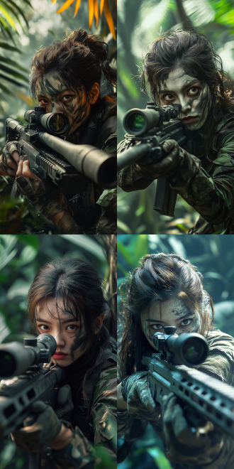 狙击手吉利伪装服脸涂迷彩拿hk狙击枪瞄准目标，热带丛林背景，硬光正视中景三分线构图，冷色调写实8k。