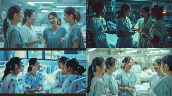 四个亚洲女人穿病号服在病房乐观聊天，病床为背景，居中构图，冷色调，标准镜头，柔和顶光，平静，微笑，坚强。