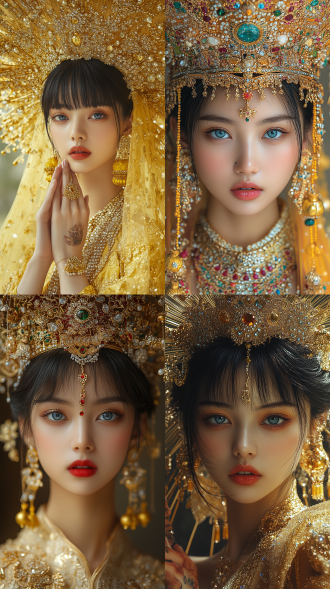 qi liu hai wears a golden gemstone crown hat on her head, and is dressed in a close fitting and piece of gold material. the clothes are covered with gold pieces, and her lips are covered with bright red diamonds. she has indian style gold bracelets on her hands, feet, and nose, yellow bell ankle chains on her feet, and a nose ring connected to her ears. she has a haina tattoo on her hand, black ear length short hair, and bangs. smoked outfit, blue eyes