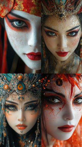 京剧脸谱，女角色，艳丽妆容，暖色调，广角镜头，舞台中央，侧光，高对比度，传统服饰，微笑，自信，国风元素，细腻纹理，戏剧性。