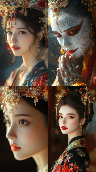 京剧脸谱，女角色，艳丽妆容，暖色调，广角镜头，舞台中央，侧光，高对比度，传统服饰，微笑，自信，国风元素，细腻纹理，戏剧性。国风，艳丽，暖色调，广角镜头，舞台中央，侧光，高对比度，细腻纹理，传统服饰，优雅姿态，神秘表情，红色为主，金色点缀，庄严氛围，文化底蕴。