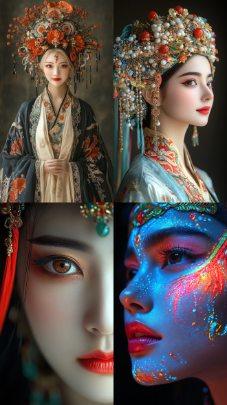 京剧脸谱，女角色，艳丽妆容，暖色调，广角镜头，舞台中央，侧光，高对比度，传统服饰，微笑，自信，国风元素，细腻纹理，戏剧性。国风，艳丽，暖色调，广角镜头，舞台中央，侧光，高对比度，细腻纹理，传统服饰，优雅姿态，神秘表情，红色为主，金色点缀，庄严氛围，文化底蕴。京剧女角色，全身照，广角镜头，暖色调，脸谱艳丽，国风服饰，舞台背景，侧光，高对比度，动作优雅，表情专注，传统元素，文化氛围。京剧女角色，全身照，广角镜头，暖色调，脸谱艳丽，国风服饰，舞台背景，侧光，高对比度，动作优雅，表情专注，传统元素，文化氛围。