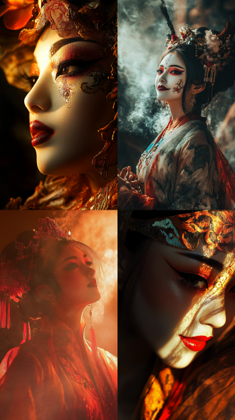 京剧脸谱，女角色，艳丽妆容，暖色调，广角镜头，舞台中央，侧光，高对比度，传统服饰，微笑，自信，国风元素，细腻纹理，戏剧性。国风，艳丽，暖色调，广角镜头，舞台中央，侧光，高对比度，细腻纹理，传统服饰，优雅姿态，神秘表情，红色为主，金色点缀，庄严氛围，文化底蕴。京剧女角色，全身照，广角镜头，暖色调，脸谱艳丽，国风服饰，舞台背景，侧光，高对比度，动作优雅，表情专注，传统元素，文化氛围。京剧女角色，全身照，广角镜头，暖色调，脸谱艳丽，国风服饰，舞台背景，侧光，高对比度，动作优雅，表情专注，传统元素，文化氛围。