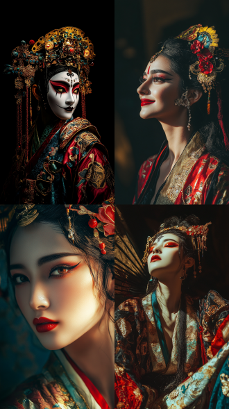 京剧脸谱，女角色，艳丽妆容，暖色调，广角镜头，舞台中央，侧光，高对比度，传统服饰，微笑，自信，国风元素，细腻纹理，戏剧性。国风，艳丽，暖色调，广角镜头，舞台中央，侧光，高对比度，细腻纹理，传统服饰，优雅姿态，神秘表情，红色为主，金色点缀，庄严氛围，文化底蕴。