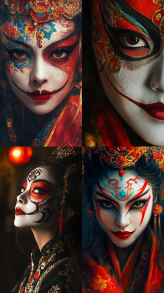 京剧脸谱，女角色，艳丽妆容，暖色调，广角镜头，舞台中央，侧光，高对比度，传统服饰，微笑，自信，国风元素，细腻纹理，戏剧性。