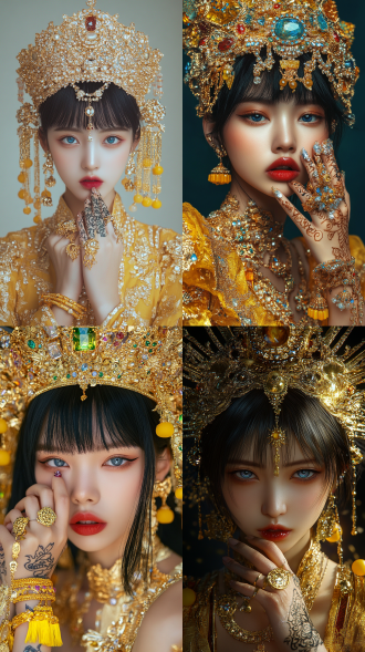 qi liu hai wears a golden gemstone crown hat on her head, and is dressed in a close fitting and piece of gold material. the clothes are covered with gold pieces, and her lips are covered with bright red diamonds. she has indian style gold bracelets on her hands, feet, and nose, yellow bell ankle chains on her feet, and a nose ring connected to her ears. she has a haina tattoo on her hand, black ear length short hair, and bangs. smoked outfit, blue eyes